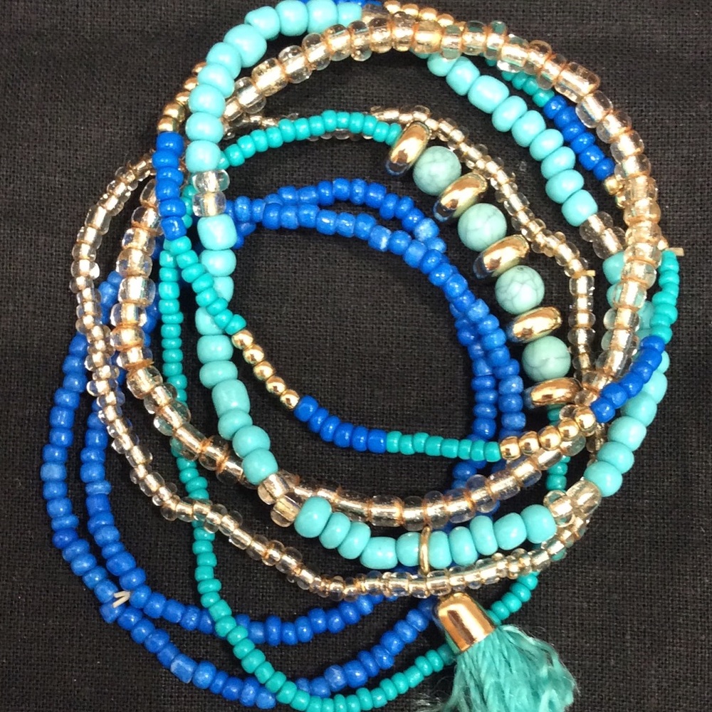 SET OF 7 ELASTICIZED BRACELETS IN BLUE, TEAL, GOLD